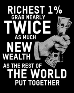 A graphic which says 'The Richest 1% grab nearly twice as much new wealth as the rest of the world put together' and shows a hand clutching some money
